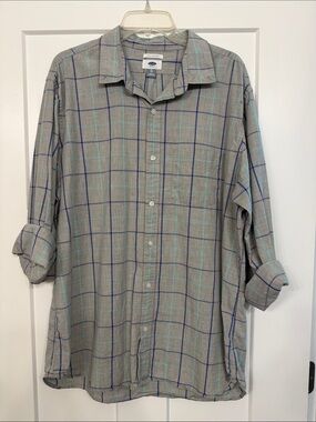 Old Navy Gray Button-Down Shirt with Blue and Teal Windowpane